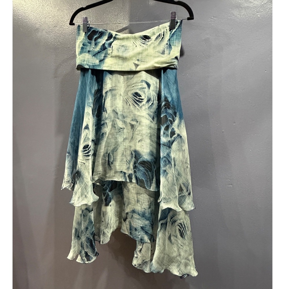 SHAN Y2K Fairy Fold Over Blue White Floral Silk Asymmetrical Handkerchief Skirt